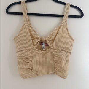 Ribbed Beige Cutout Crop Tank Top